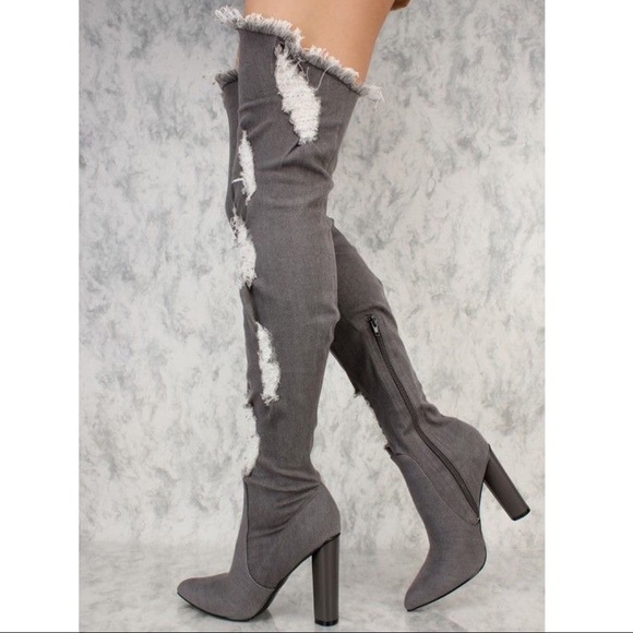 Denim Thigh High Boots Chunky Heel - Picture 2 of 4